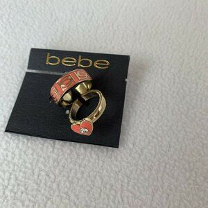 bebe Coral Gold Tone Ring Set Heart Rhinestone Size 7 New